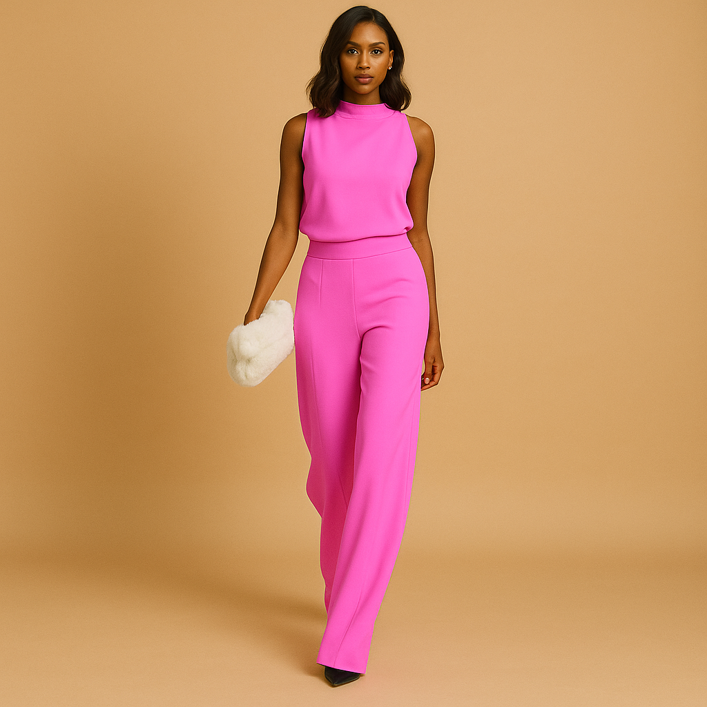 Women's black elegant wide-leg jumpsuit featuring a sophisticated halter neck and high waist.