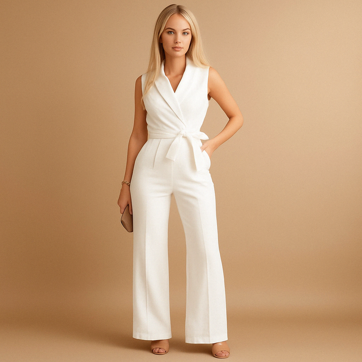 Chic women's wide leg wrap jumpsuit, perfect for elegant business casual or sophisticated party outfits.