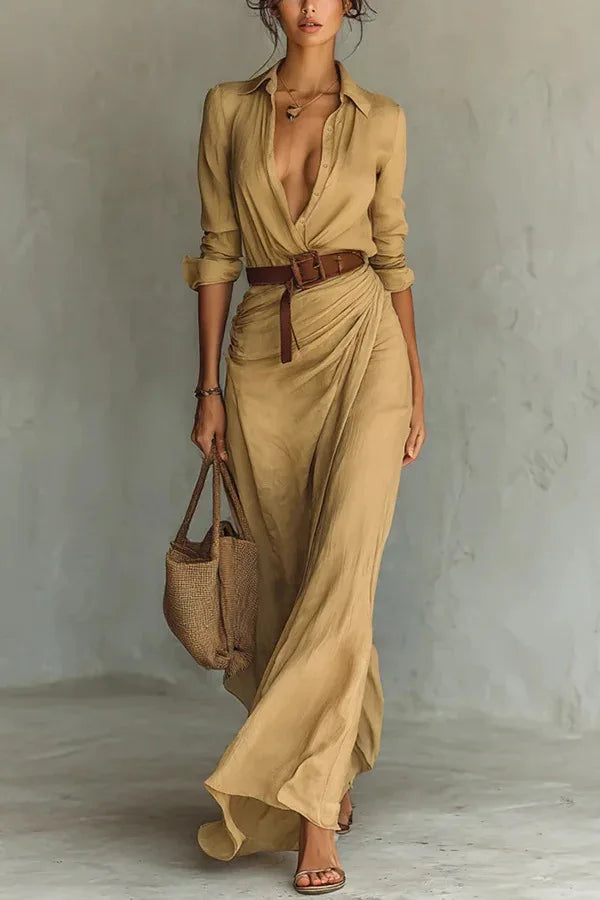 Elegant women's wrap maxi dress with V-neck, long sleeves, and adjustable waist for a sophisticated, flowy style.