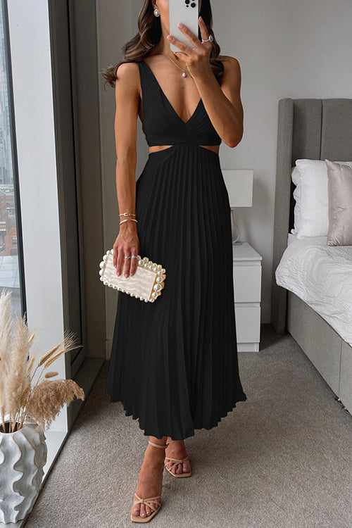 Elegant women's maxi dress with v-neck, cut-out waist, and pleated skirt, showcasing flowing sophistication and silhouette ac