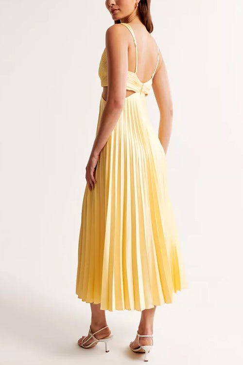 Elegant women's maxi dress with v-neck, cut-out waist, and pleated skirt, showcasing flowing sophistication and silhouette ac