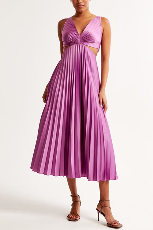Elegant women's maxi dress with v-neck, cut-out waist, and pleated skirt, showcasing flowing sophistication and silhouette ac