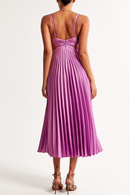 Elegant women's maxi dress with v-neck, cut-out waist, and pleated skirt, showcasing flowing sophistication and silhouette ac