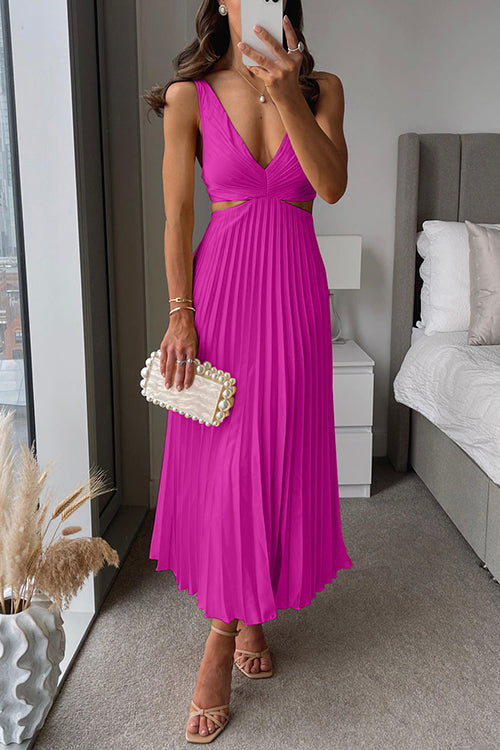 Elegant women's maxi dress with v-neck, cut-out waist, and pleated skirt, showcasing flowing sophistication and silhouette ac
