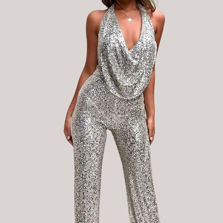 Elegant women's sequin halter jumpsuit, featuring a dramatic deep V neckline and shimmering sequin finish, perfect for glam e