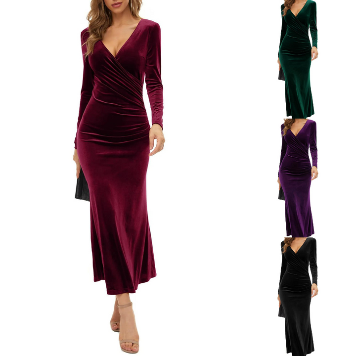 Elegant women's velvet midi dress with long sleeves, showcasing a fitted silhouette, perfect for formal occasions.