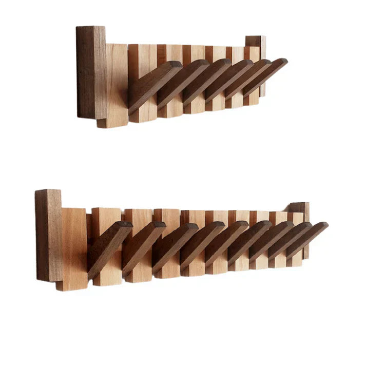 Home entryway wooden coat rack, elegant piano key design. Practical wall organizer.