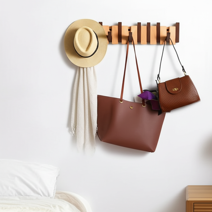 Elegant wooden piano key wall organizer. Stylish coat rack for home entryway, space-saving design.