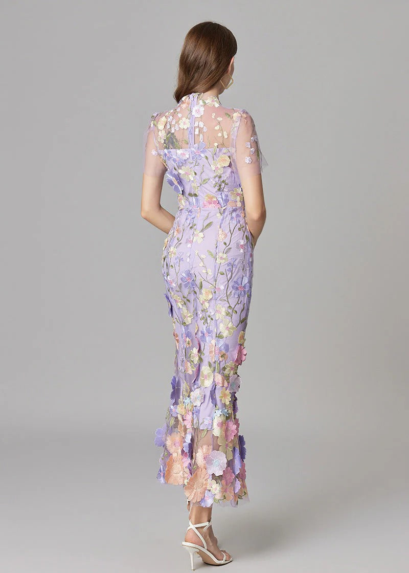 Beige formal wear maxi dress for women, adorned with intricate 3D floral appliqué and sheer accents.