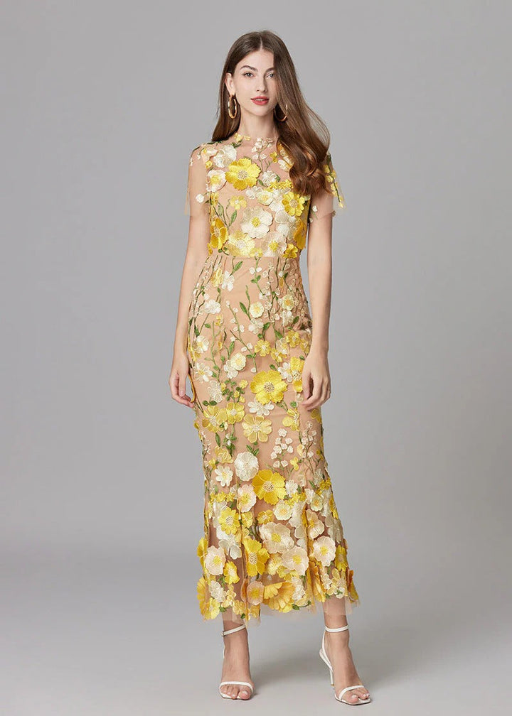 Luxurious yellow wedding guest dress, sheer design with delicate 3D flowers, long & elegant.