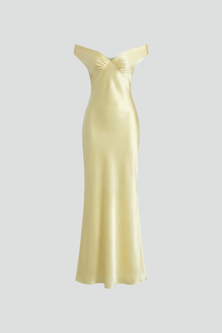 Elegant yellow women's off-shoulder maxi dress with a fitted upper and flowing skirt, perfect for evening parties.