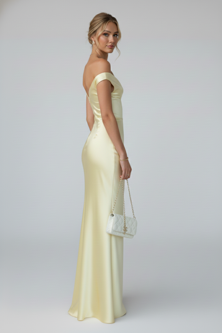 Elegant women's off-shoulder maxi dress, a long party dress with a flattering fitted bodice & flowing silhouette.