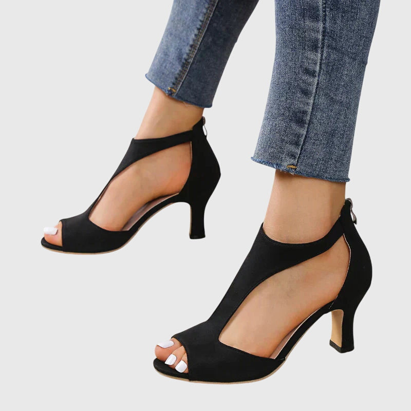 Elizabeth black cutout heel with open toe; versatile spring/summer women’s footwear, UK 4-12.