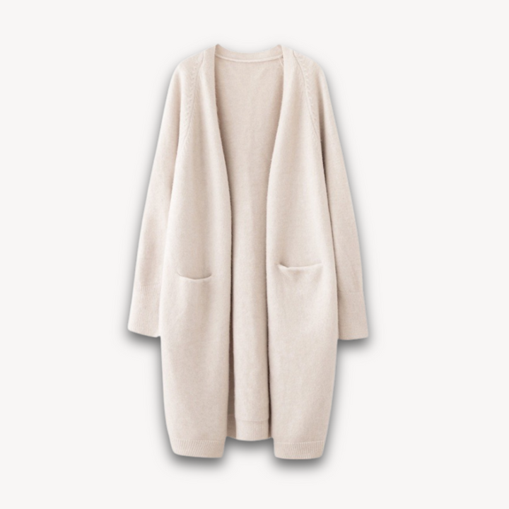 Ella longline open-front women's cardigan, lightweight knit for spring layering, one size, neutral casualwear with pockets