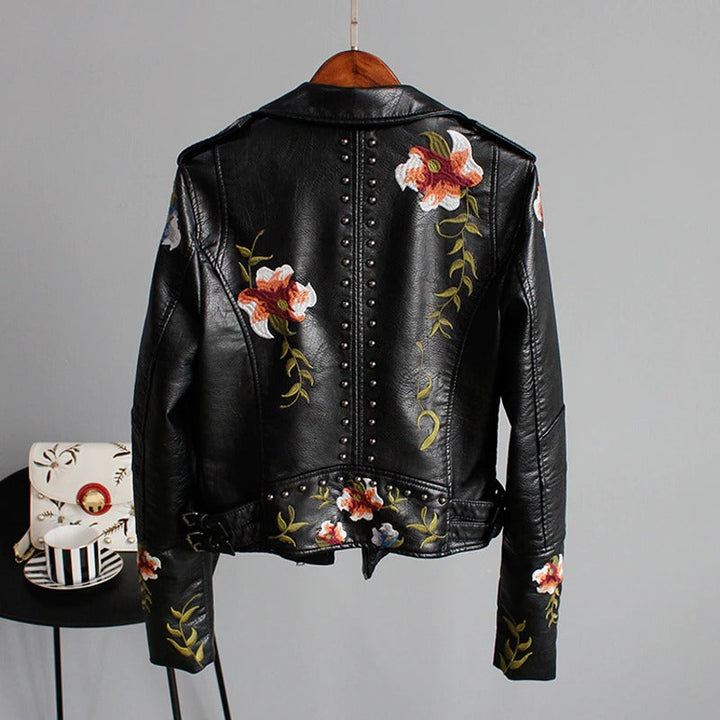 Front view of the "Eleonora" women's embroidered faux leather biker jacket.