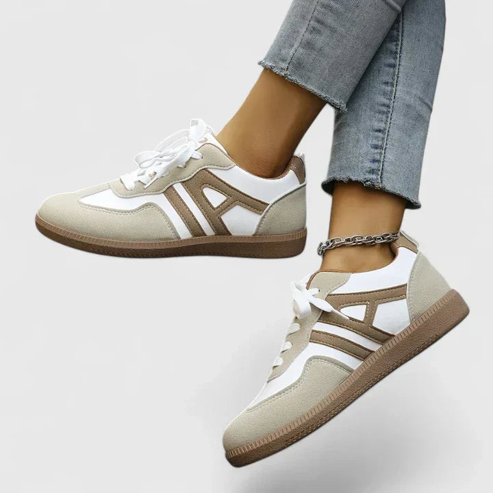 Emma women's lightweight khaki and white lace-up sneakers — casual spring walking shoes for travel and everyday comfort