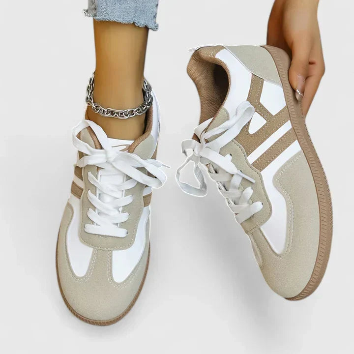 Casual khaki and white lace-up sneakers for women — lightweight comfortable spring walking and travel shoes