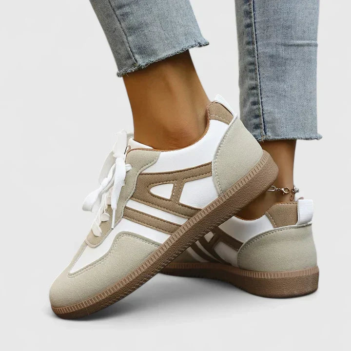 Emma women's footwear: khaki and white lace-up sneakers, lightweight casual shoes ideal for walking, travel and daily wear