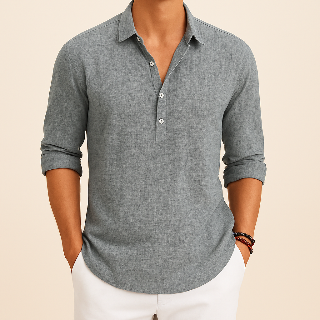 Relaxed fit men's long sleeve casual shirt, a comfortable pullover top for spring & autumn wear.