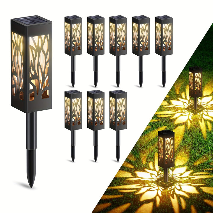 8-Pack solar LED garden lights with motion sensor, perfect for outdoor pathway and landscape lighting.