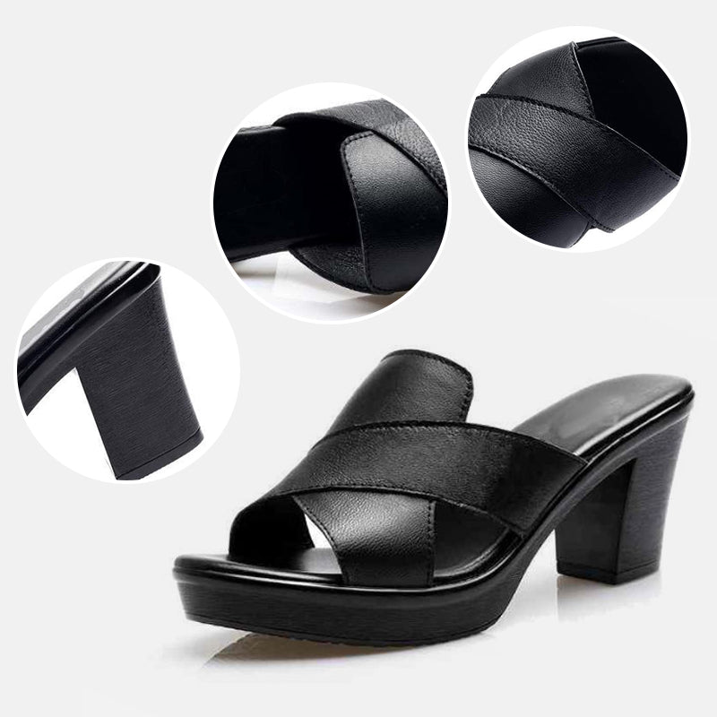 Comfortable slip-on platform sandals for women, featuring a trendy block heel & crisscross design. Casual summer style.