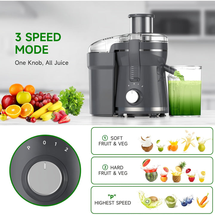 Nutrient-rich vegetable juice prepared with a powerful 500W electric juicer. Easy clean stainless steel design.
