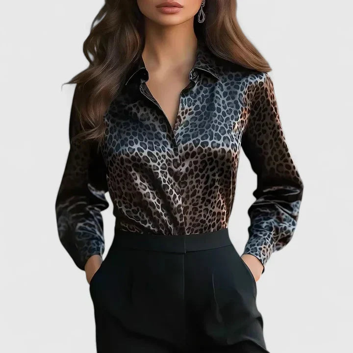 Women's leopard print long sleeve collared blouse, stylish animal print top for professional wear.