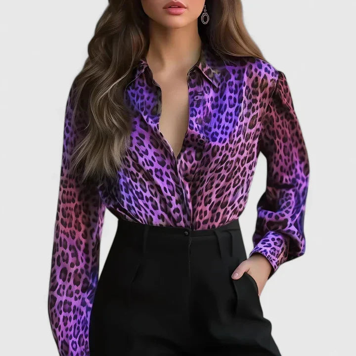Elegant purple leopard print long sleeve collared blouse, women's office wear animal print top.