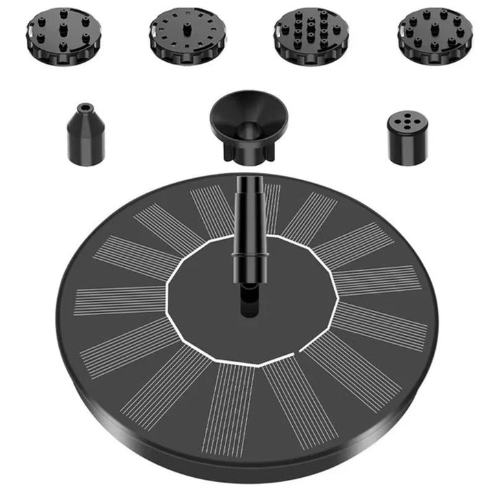 Floating solar fountain pump for bird baths & ponds. Eco-friendly, sun-powered water feature.