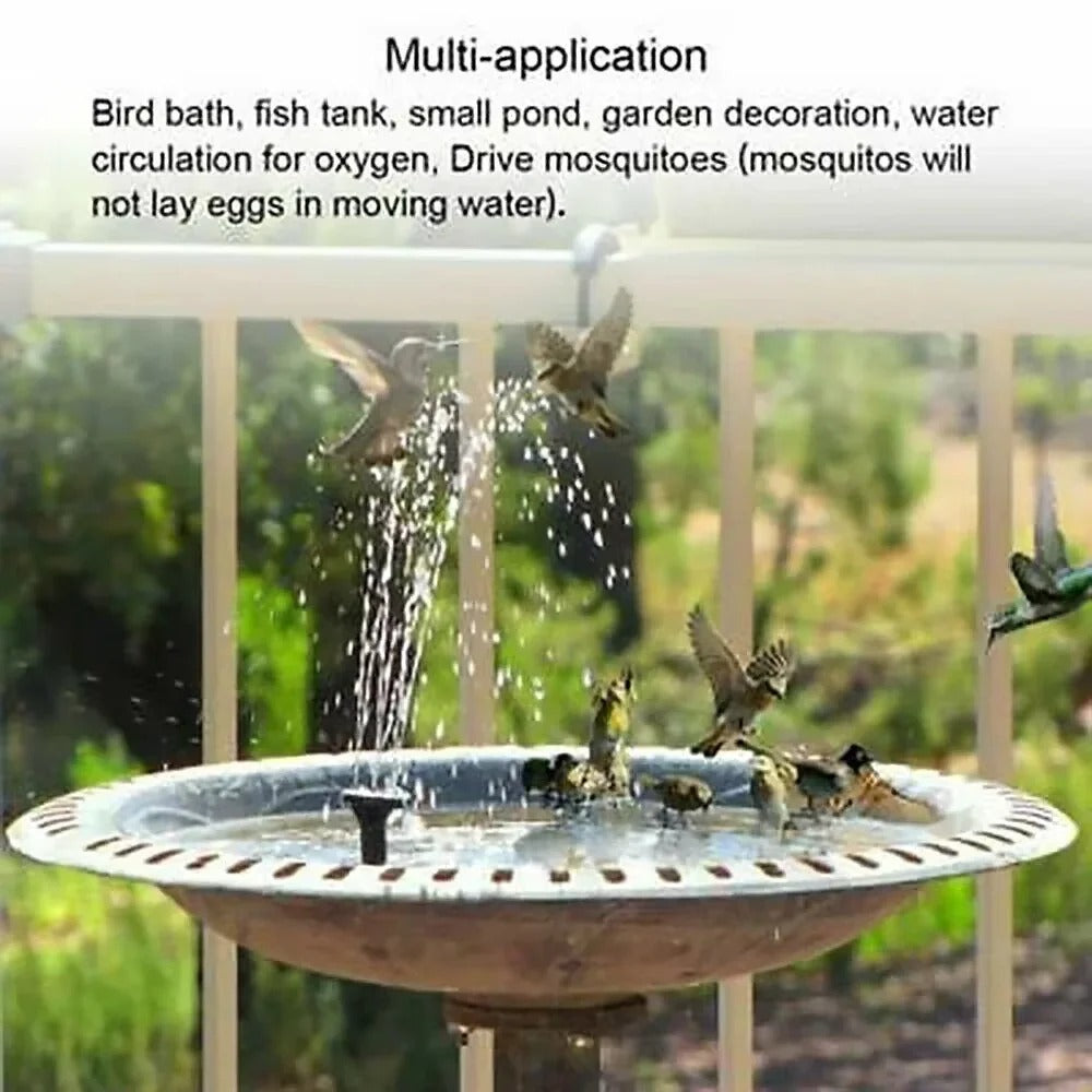 Compact floating solar fountain pump. Ideal for serene pond decor, bird baths, and garden accessories.