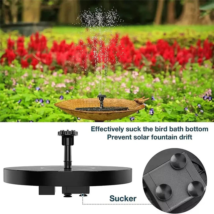 No-electricity floating solar pump for bird baths & ponds. Easy to install, sun-powered garden water feature.