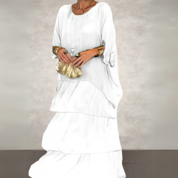 Casual women's tiered maxi dress with long sleeves, a flowy and comfortable option for everyday wear.