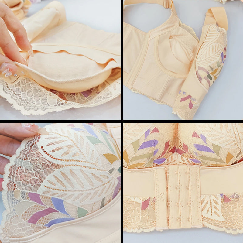 Comfortable women's front closure bra with floral lace details, ideal for easy, everyday support.