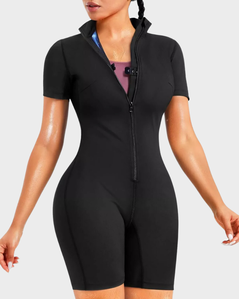 Women's black full body shaper sauna suit for enhanced workouts, weight loss, and sweat generation.