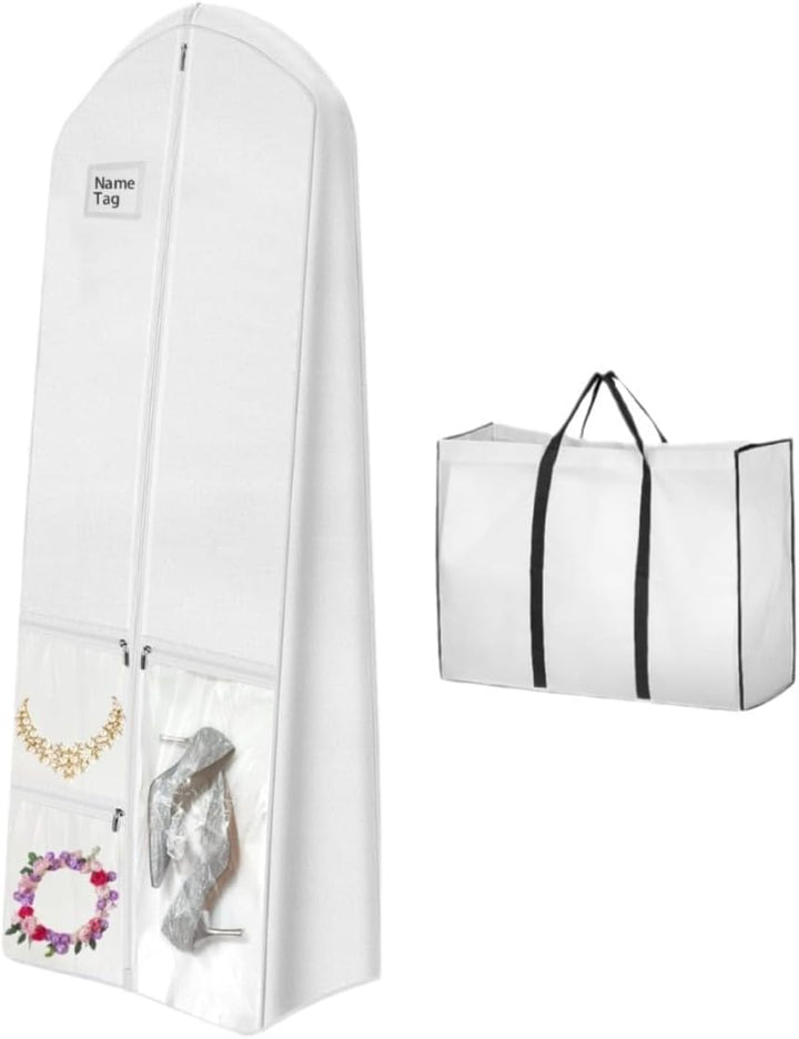 Full-length dustproof bridal gown cover for wedding dress storage. Protects against dust and damage.