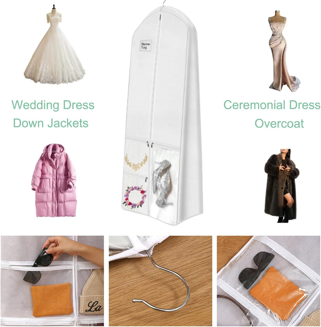 Durable full-length formal dress bag for wedding gowns. Ensures dust-free storage and safe transport.