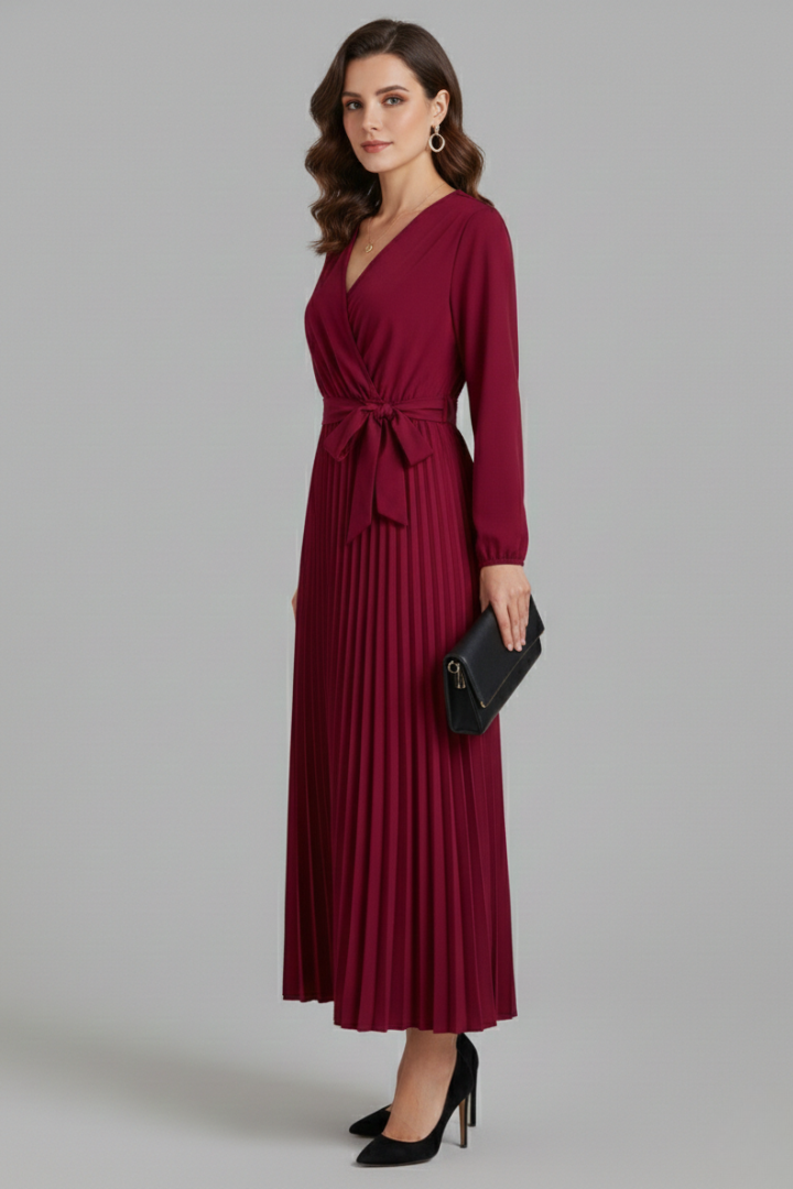 Women's fashion maxi dress, V-neck, with a graceful pleated skirt and a flattering tie waist, suitable for any event.