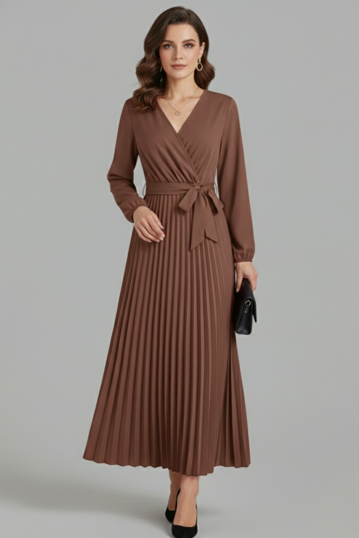 Sophisticated women's long sleeve maxi dress, V-neck style, with a comfortable pleated skirt & adjustable tie waist.
