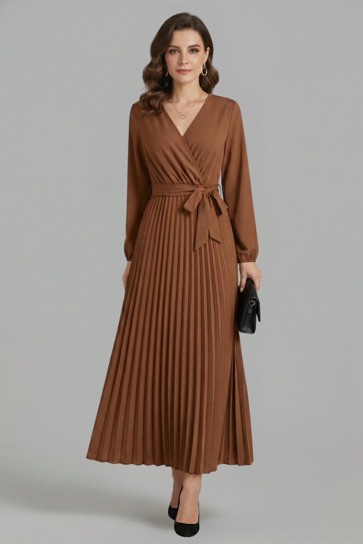 Beautiful women's V-neck maxi dress, designed with an elegant pleated skirt and a slimming tie waist.