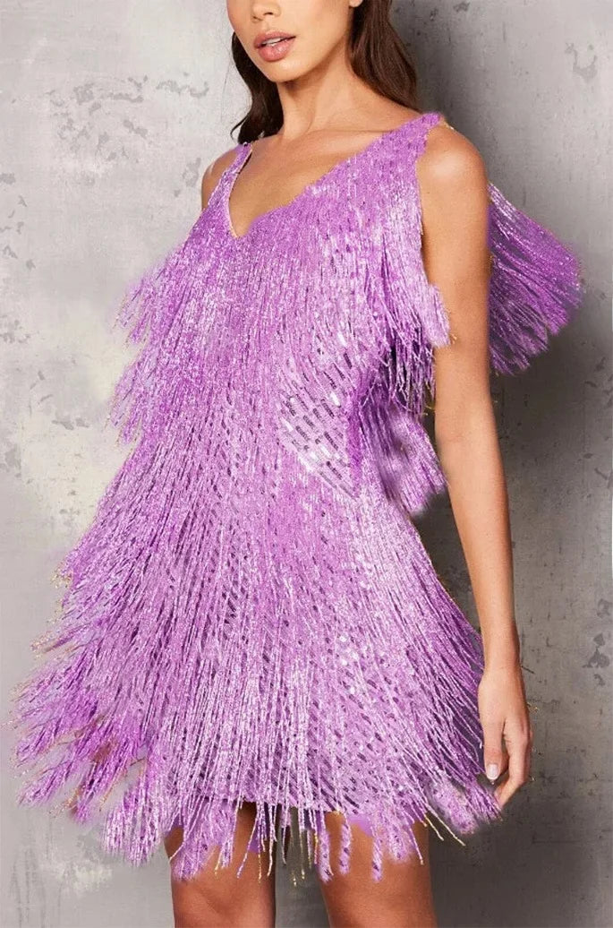 Glamorous women's fringe cocktail dress in black, perfect for parties and special occasions