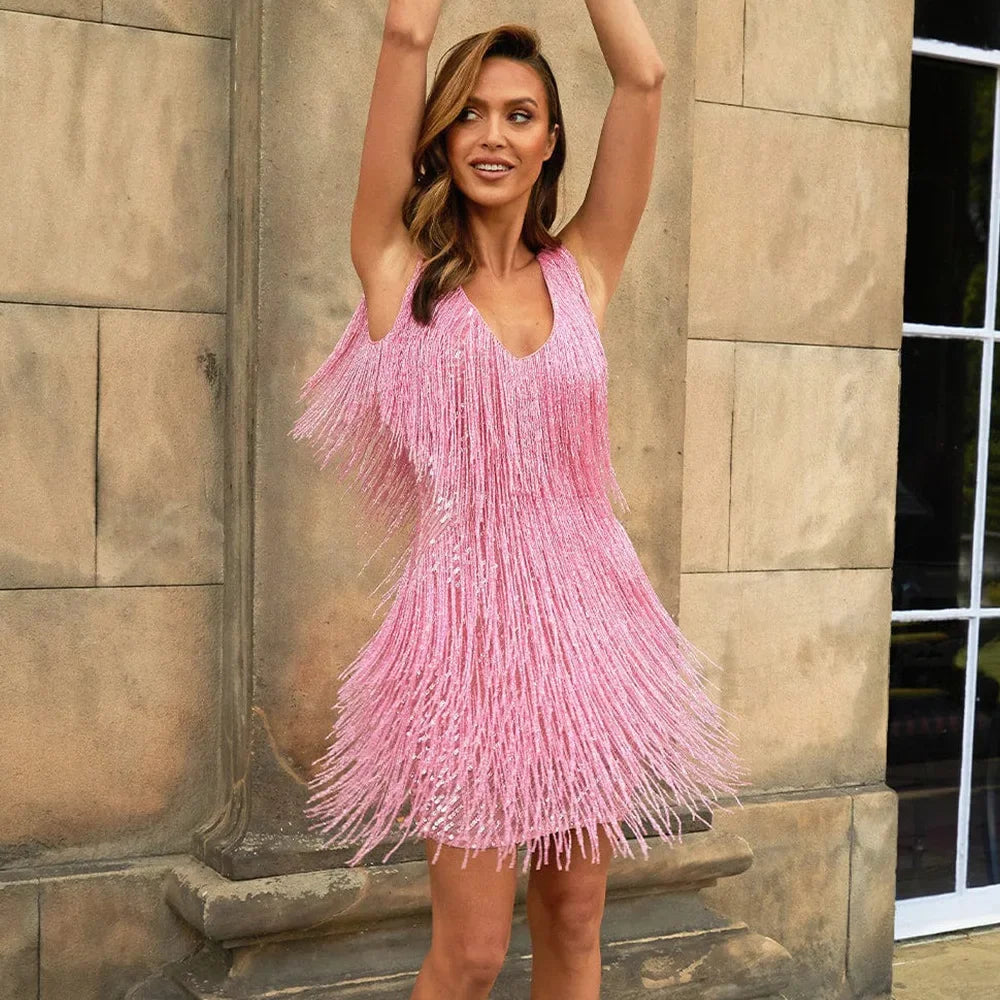 Black sequin fringe cocktail dress for women, offering a glamorous and festive look