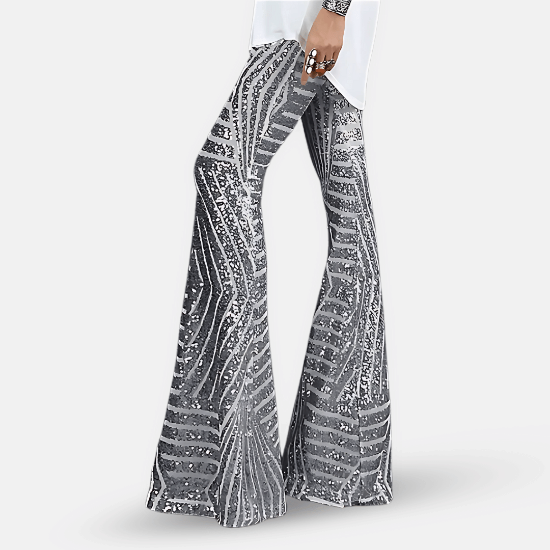 Sparkling women's high-waisted sequin flare pants, ideal for a trendy night out or special occasion.