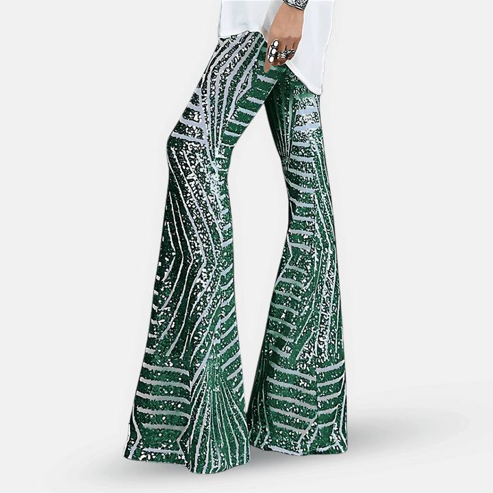 Trendy high waist sequin flare pants for women, offering a glamorous look for parties & festivals.