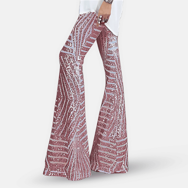 Women's dazzling sequin flare pants featuring a comfortable high waist, perfect for fashion-forward events.