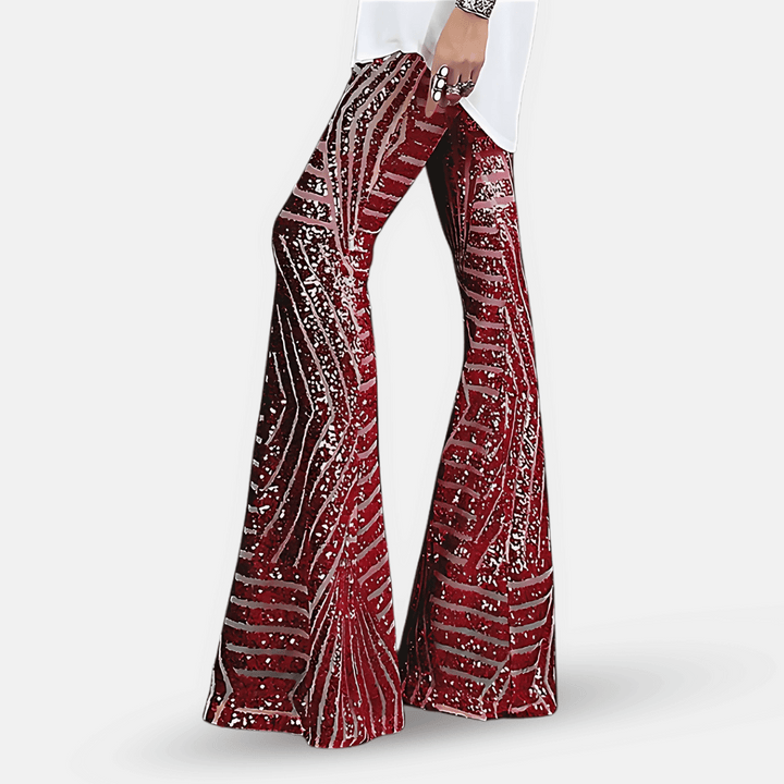 Fashionable women's sequin flare pants, high-waisted and sparkly, suitable for glamorous streetwear.