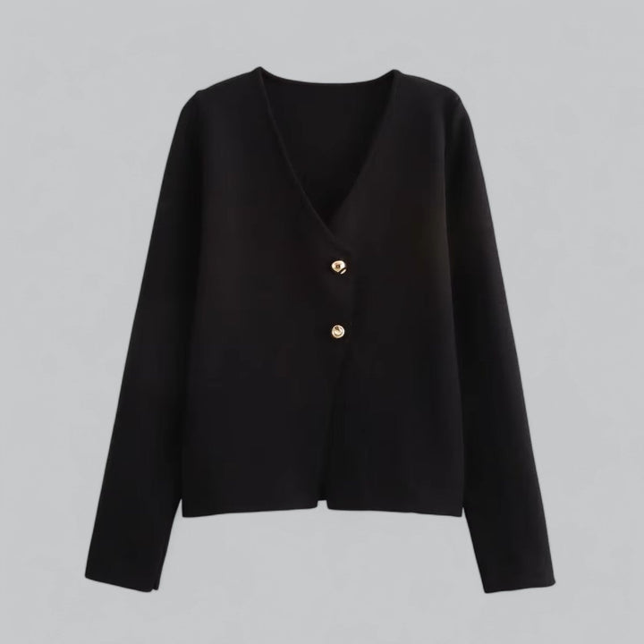 Grace women's spring minimal button cardigan in black, lightweight layering piece for office or casual wear.