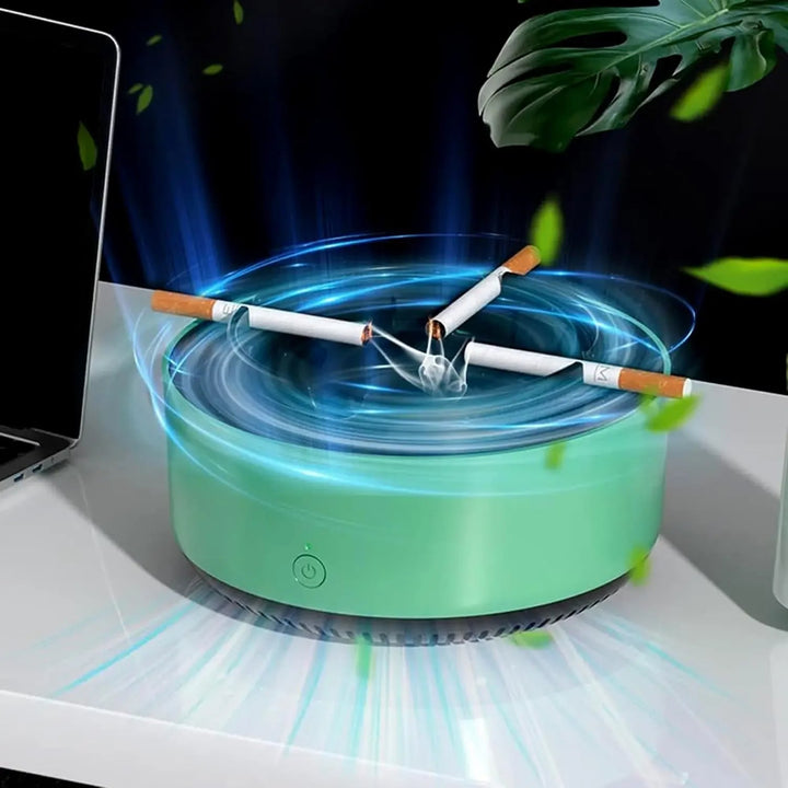 "Gray portable smokeless ashtray with air purifier for home and car use, featuring a sleek design and cigarette slots."