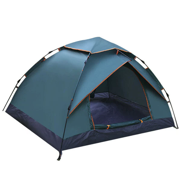 "Green instant setup camping tent with blue accents, quick setup, dual doors, spacious interior for 3-4, outdoor adventures"
