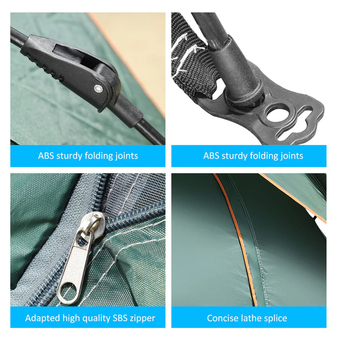 "Green instant setup camping tent with blue accents, quick setup, dual doors, spacious interior for 3-4, outdoor adventures"