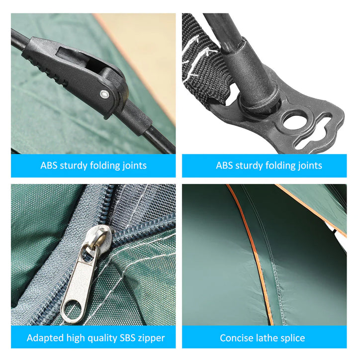 "Green instant setup camping tent with blue accents, quick setup, dual doors, spacious interior for 3-4, outdoor adventures"